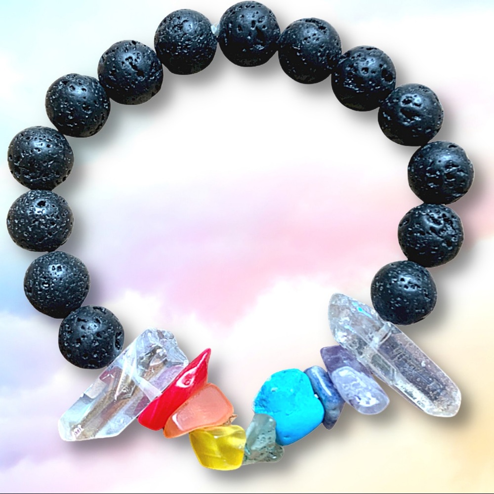 ⭐️ Hippie Chakra Lava Stone Stretch Bracelet with Quartz Crystals